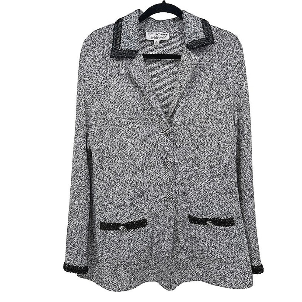 St John Collection Marled Knit Tweed Blazer Jacket Leather Trim Gray Black 14